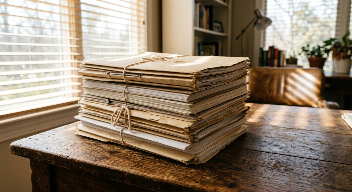 a stack of closed manila legal folders and bound paper documents resting on a heavy wooden desk in a sunny office, with bright afternoon sunlight filtering thro