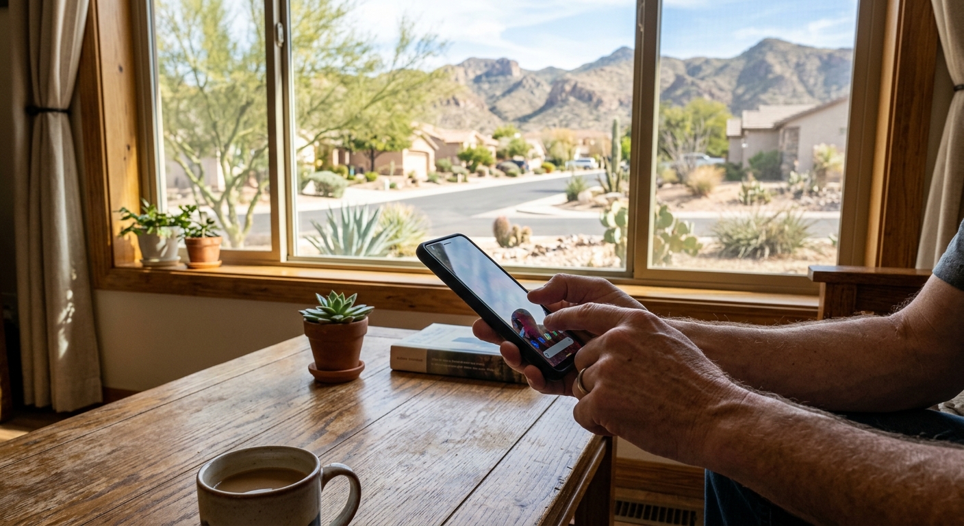 a person's hands holding a smartphone over a wooden coffee table in a living room, with a brightly lit window in the background showing a glimpse of a suburban