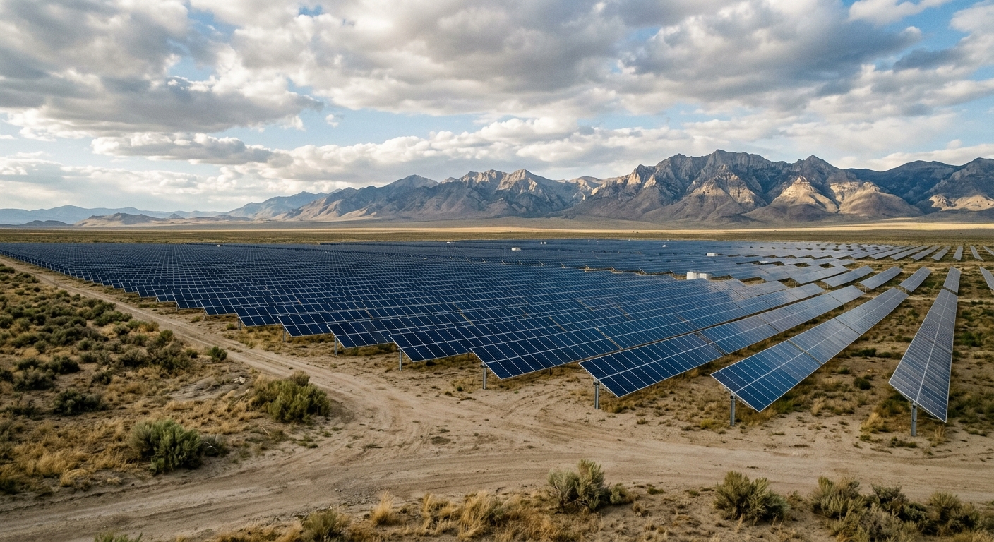 a vast array of dark blue solar panels stretching across a dry, flat high-desert valley surrounded by sparse sagebrush and distant rugged mountains, natural eve