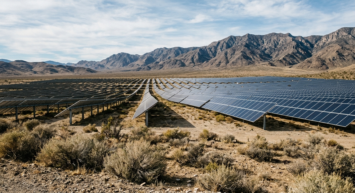 rows of large solar panels installed across an arid, dusty desert landscape dotted with dry sagebrush and distant rugged mountains, natural everyday lighting, s