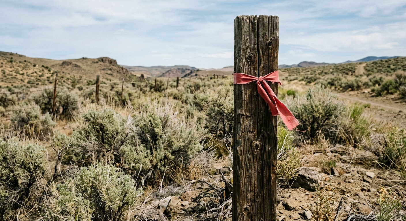a weathered wooden fence post with a single red cloth ribbon tied around it, surrounded by dry sagebrush in a sparse high desert landscape, natural everyday lig