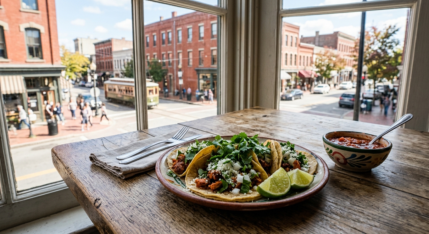 a plate of fresh tacos with cilantro and lime wedges alongside a bowl of salsa on a rustic wooden table beside a large window looking out onto a sunny downtown