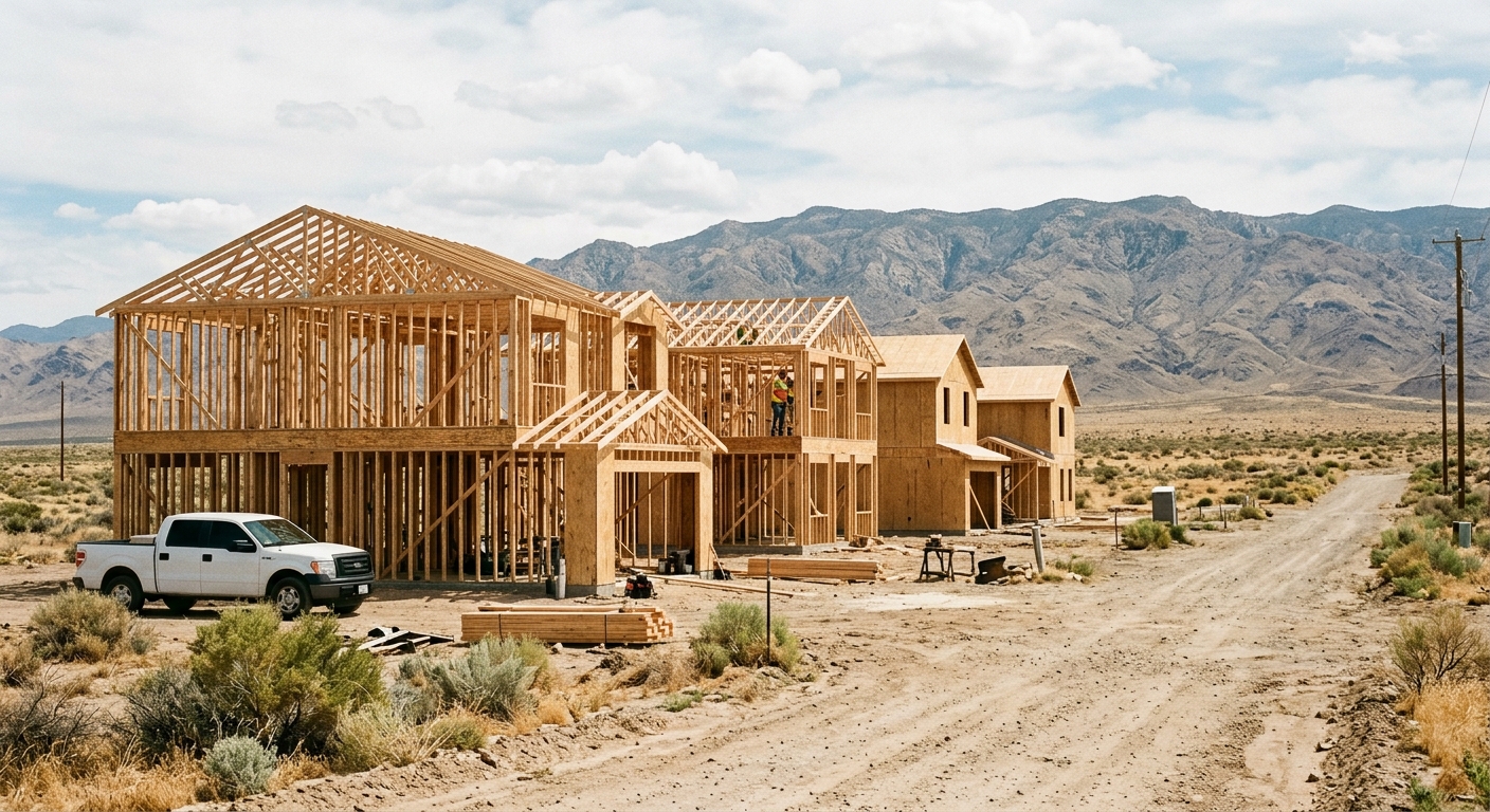 a row of newly framed wooden houses under construction in a dusty desert subdivision, with dry scrub brush and distant arid mountains in the background, natural
