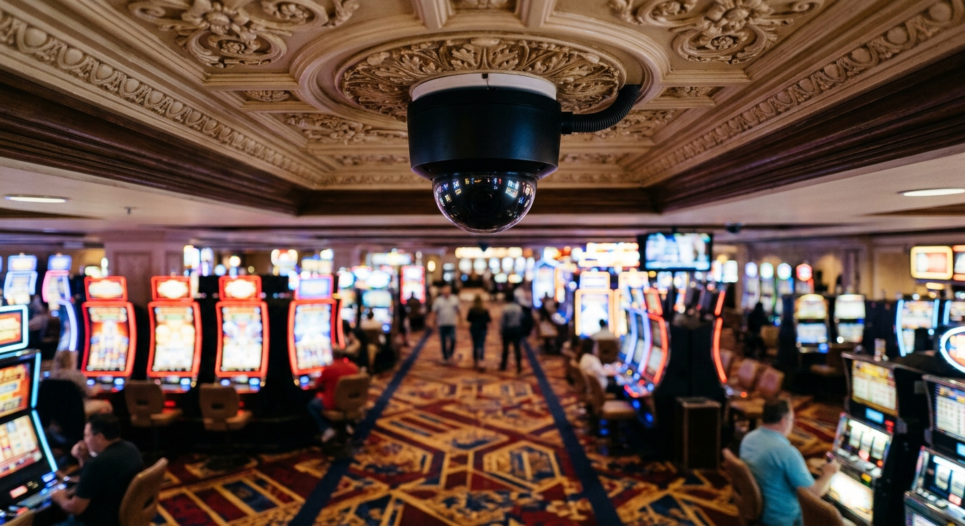 a standard black dome security camera mounted on a decorative ceiling, with a softly out-of-focus background showing glowing casino slot machines and patterned