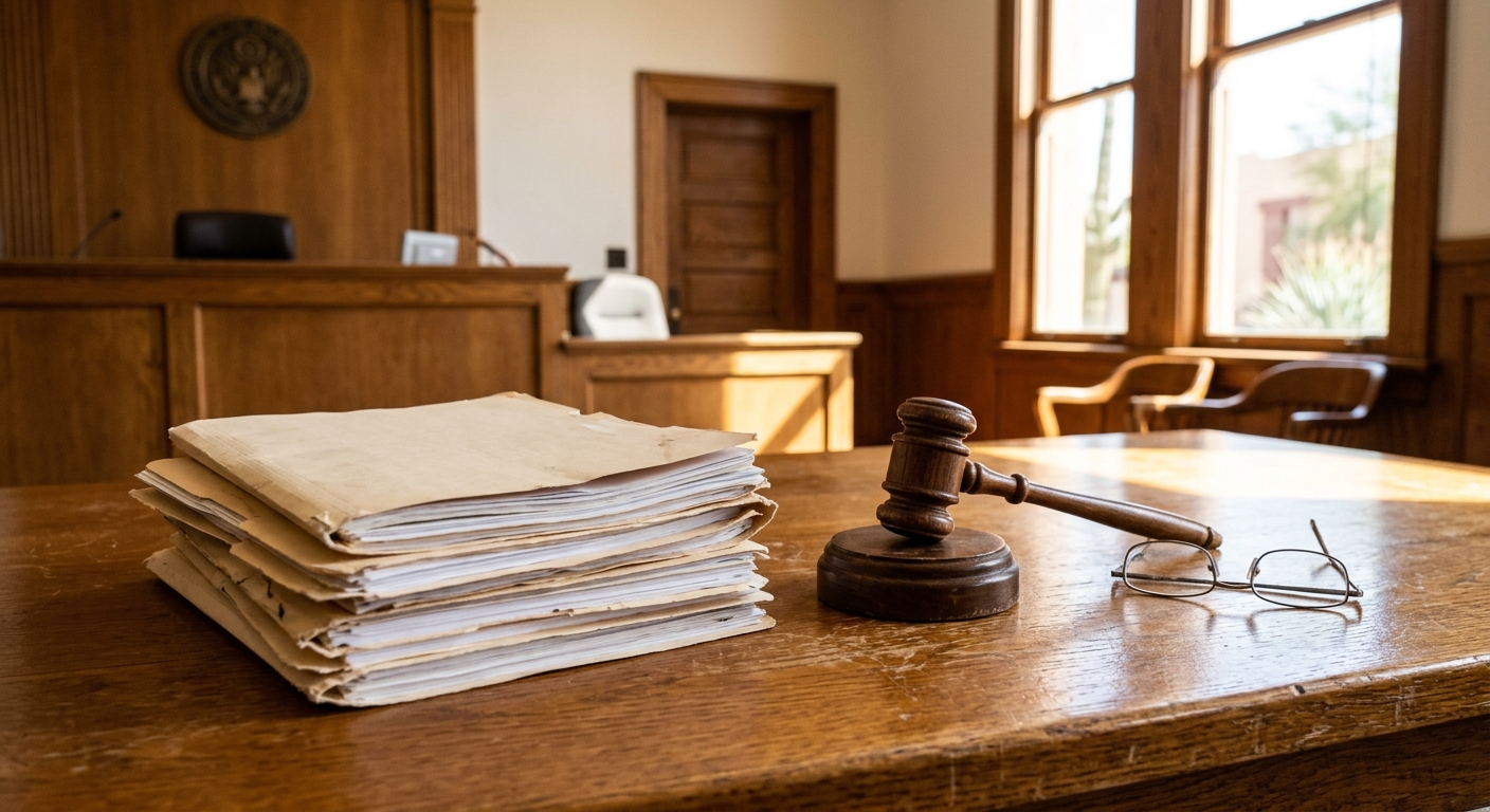 a stack of thick legal manila folders, a wooden gavel, and a pair of reading glasses resting on a large oak table inside a quiet government hearing room, bright