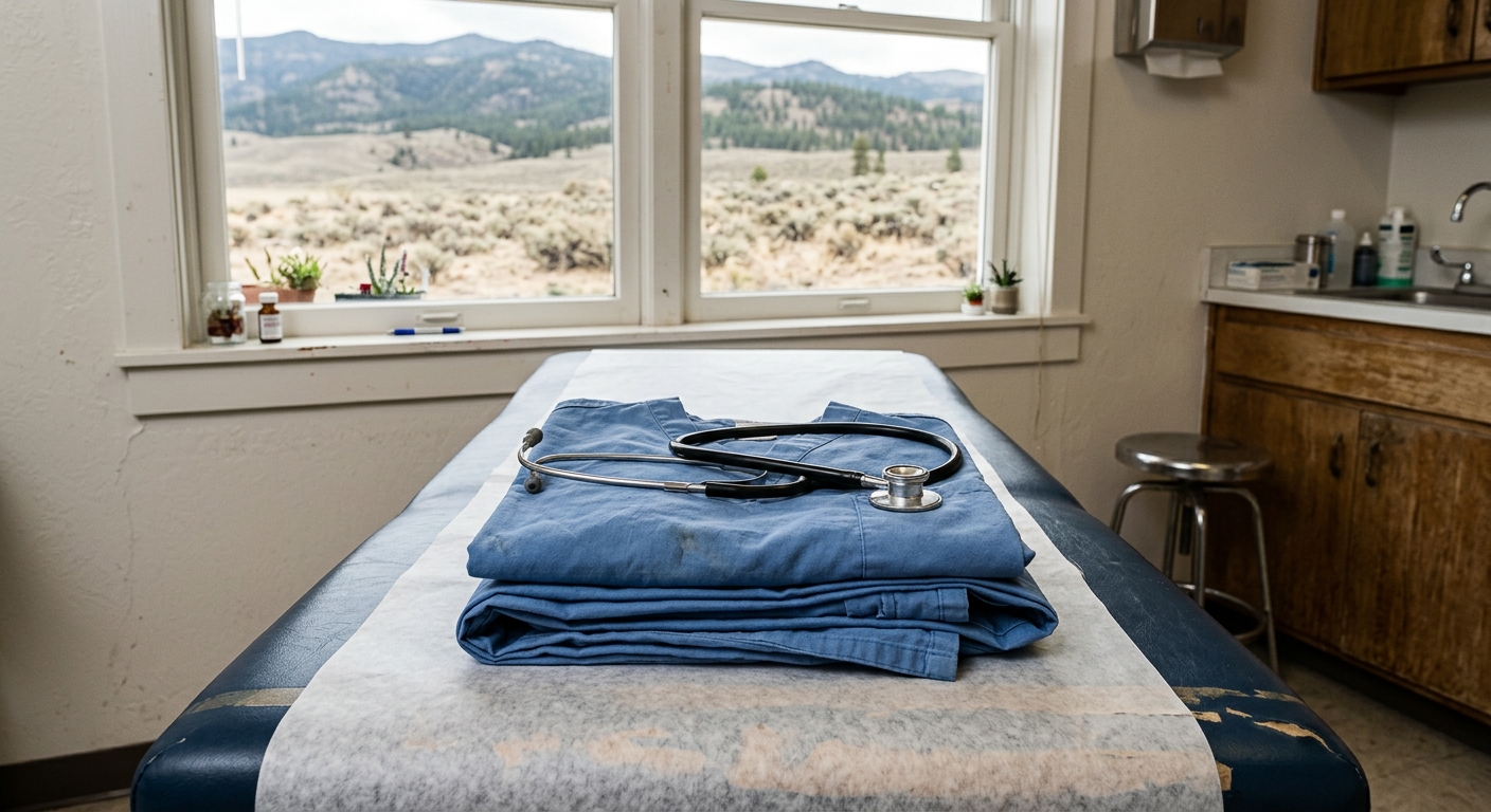a stethoscope resting on a neatly folded set of blue medical scrubs on a standard examination table inside a modest rural health clinic, a bright window in the