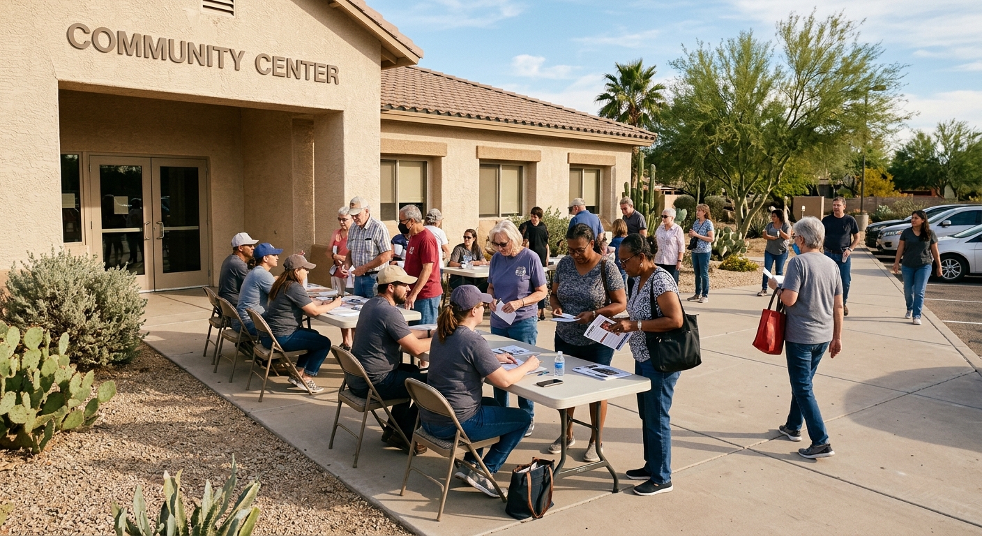 a group of citizens gathered outside a local community center with desert landscaping and a beige stucco exterior, volunteers standing at folding tables interac
