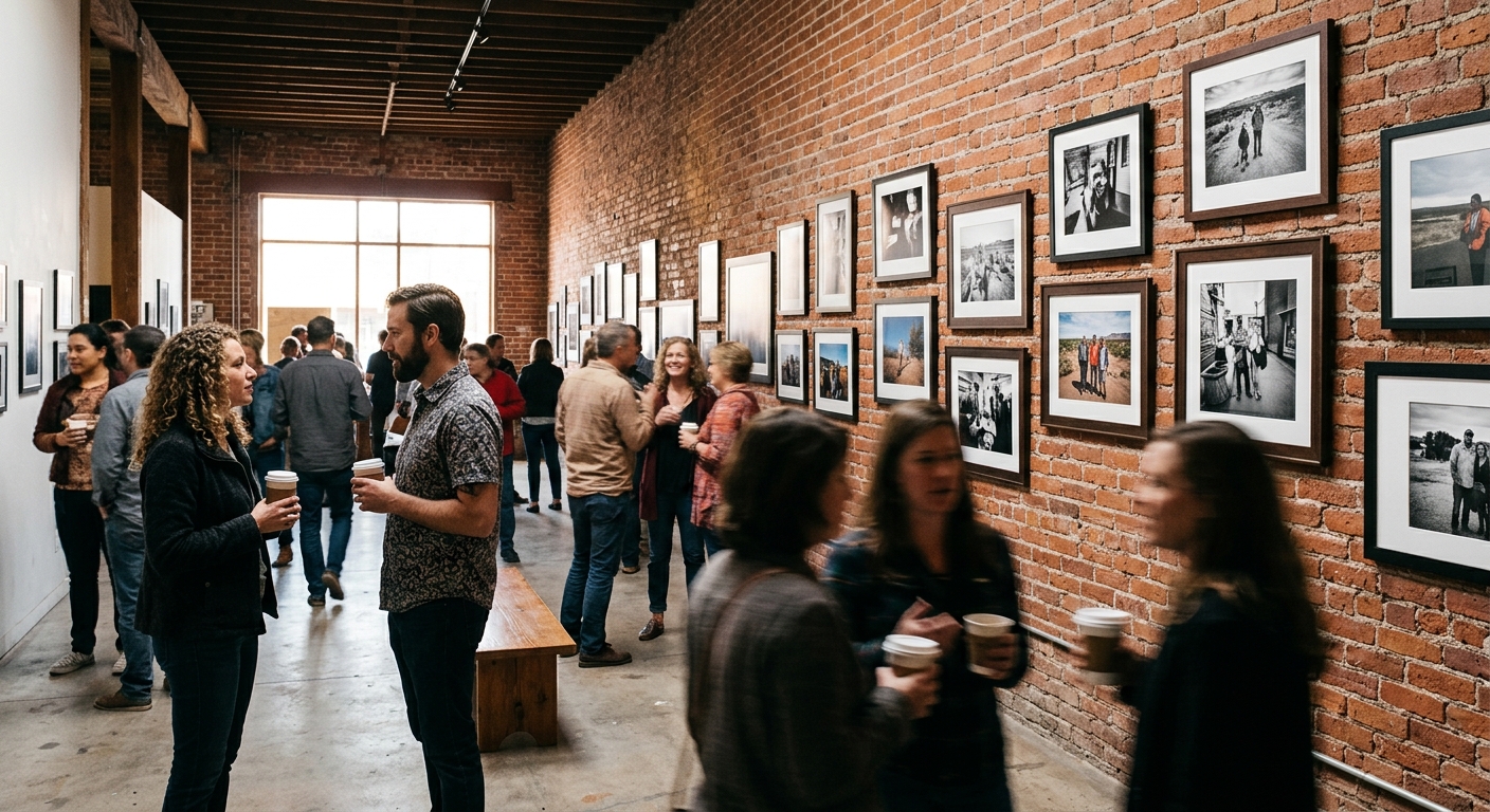 a community art gallery space with framed photographs hanging on an exposed brick wall, a few blurred people mingling in the background holding paper cups, refl