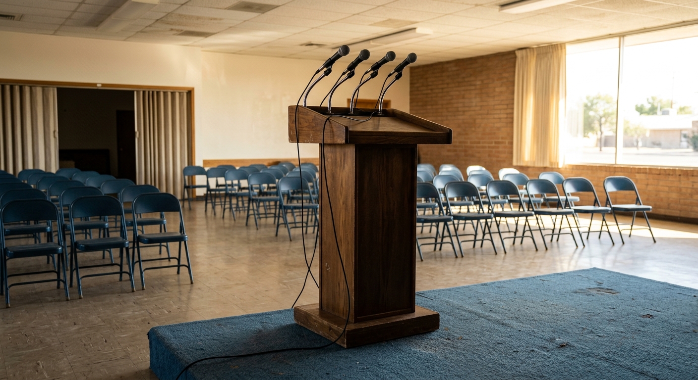an empty wooden debate podium with several microphones attached to it, positioned on a small stage in front of a row of empty folding chairs in a brightly lit c