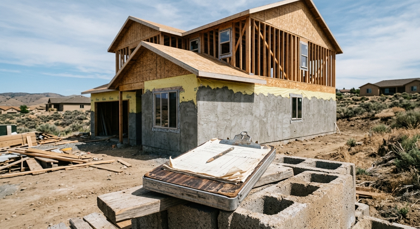 a partially constructed residential building with exposed wooden framing and unfinished stucco, a worn clipboard resting on a stack of cinder blocks in the fore