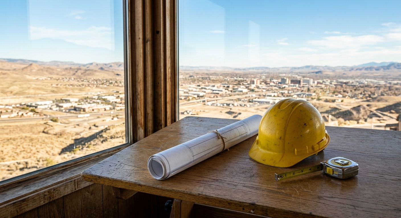 rolled architectural blueprints, a yellow hard hat, and a tape measure resting on a wooden drafting table, overlooking a sunlit high desert valley and cityscape