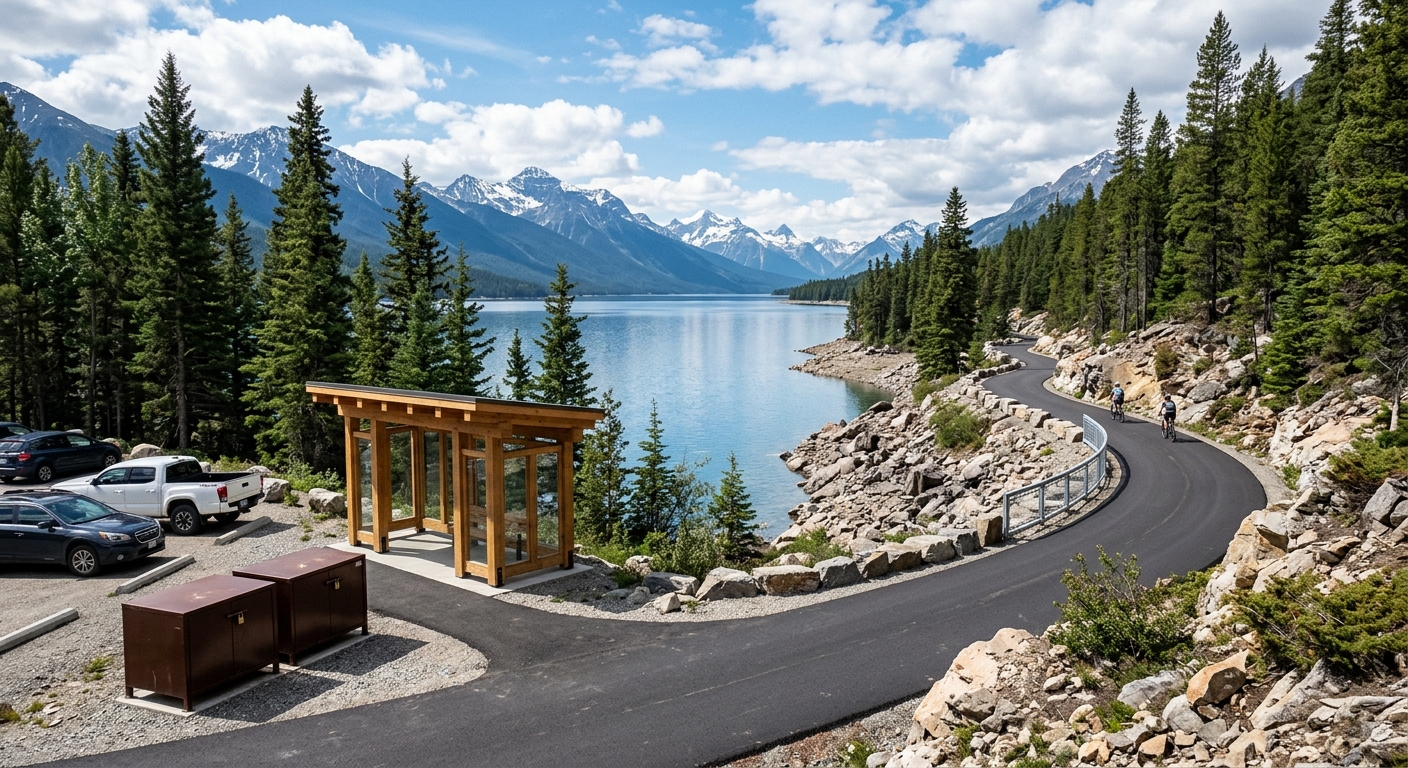 a newly paved shared-use pedestrian trail winding along the rocky shoreline of a large alpine lake, surrounded by tall pine trees and distant mountains, with a