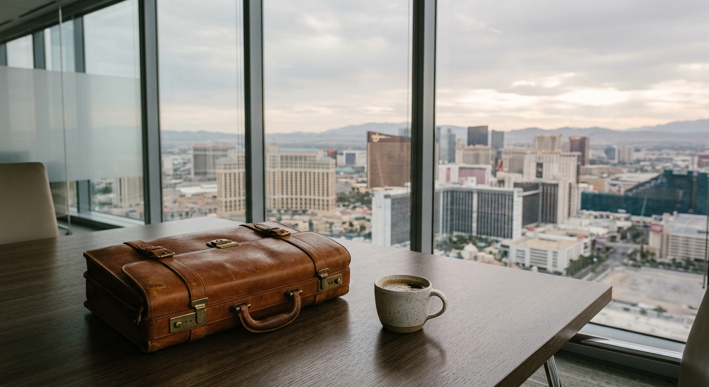 a professional leather briefcase and a ceramic coffee cup resting on a sleek conference table in an office, with a hazy desert city skyline featuring large reso
