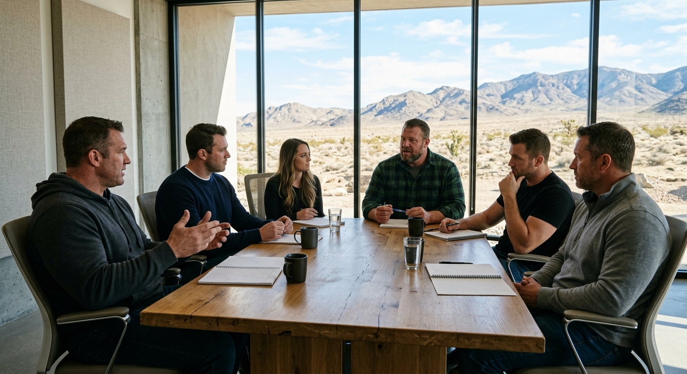 a group of large, athletic men in casual clothing sitting around a modern wooden conference table, engaged in a serious discussion with blank notebooks and coff