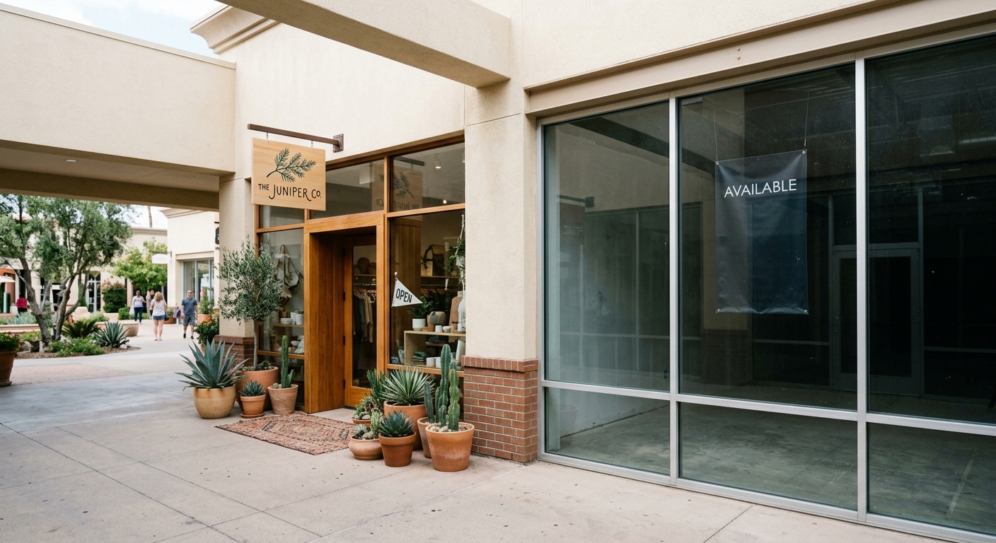 a newly opened small independent boutique with potted desert plants by the entrance, situated next to a large vacant retail storefront with empty glass windows