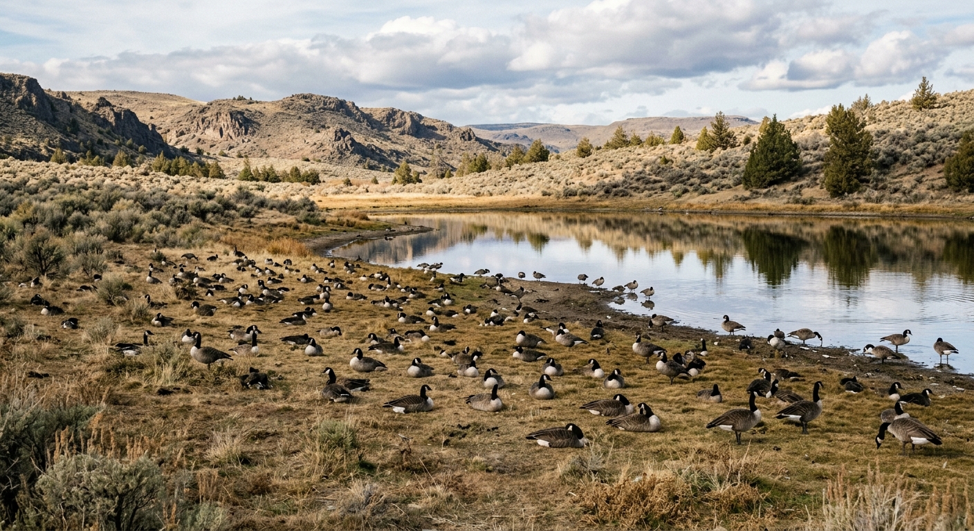 a flock of wild geese resting on dry, patchy grass near the edge of a pond in a high desert park setting, natural everyday lighting, shot on a DSLR camera, slig