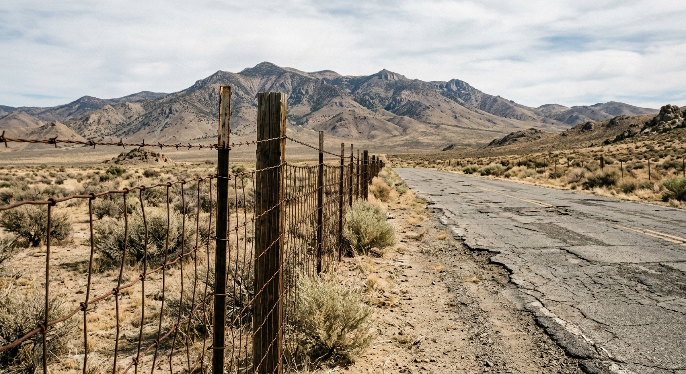 a rusted wire fence alongside a cracked asphalt road with scattered sagebrush and dry desert mountains in the background, natural everyday lighting, shot on a D