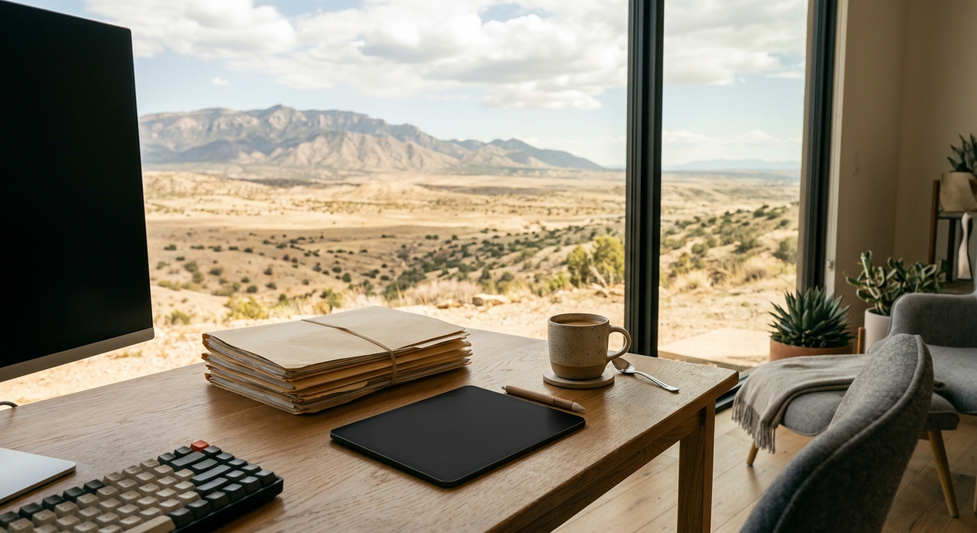a modern office desk with a stack of manila folders, a blank digital tablet, and a coffee cup, with a view of a sunlit desert valley and low mountain range thro