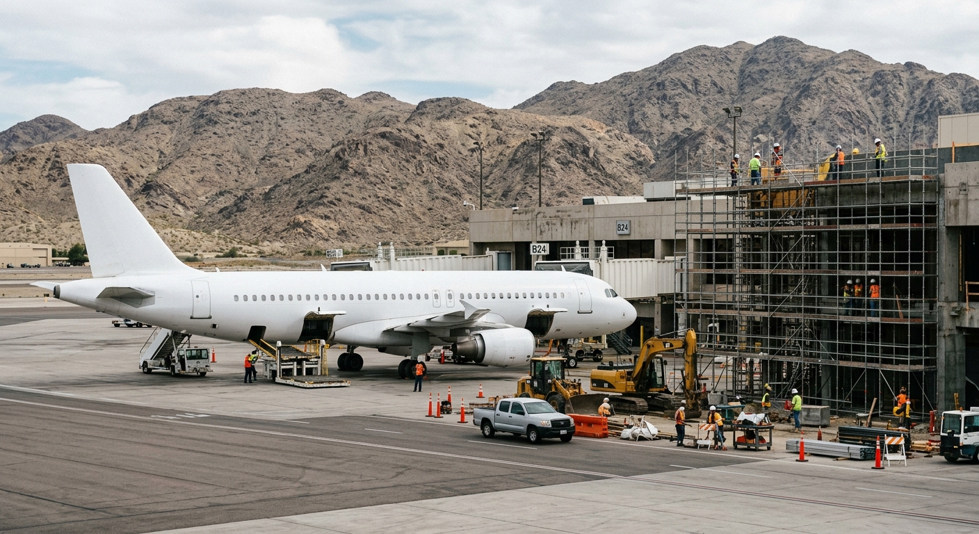 a commercial passenger airplane parked at an airport terminal gate next to scaffolding and active construction equipment, with dry rugged mountains in the backg