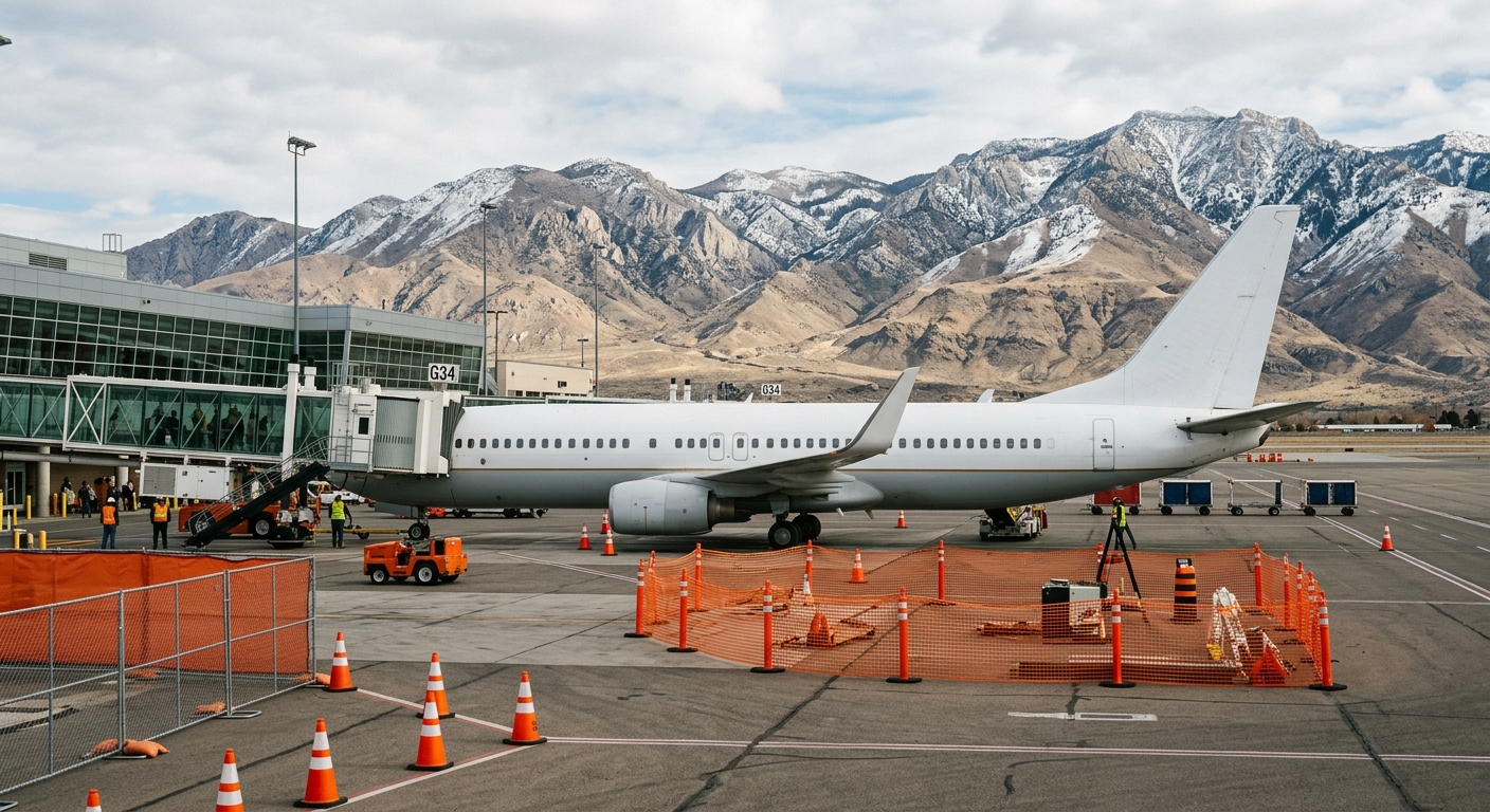 a commercial airplane parked at an airport gate, surrounded by orange safety cones and temporary construction fencing on the tarmac, with a backdrop of arid, sn