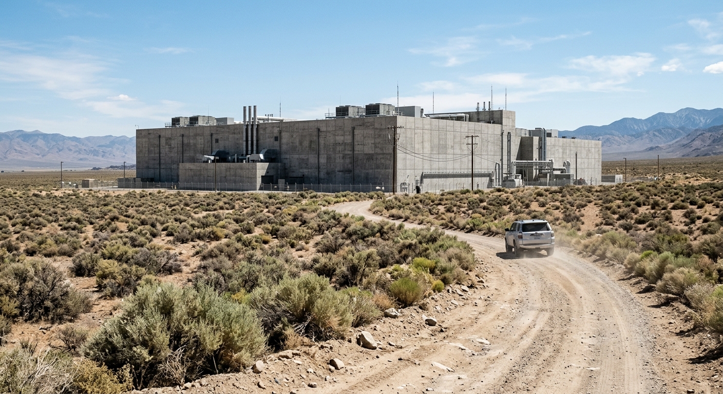 a vast, dry desert landscape featuring low sagebrush and a dusty dirt road, with the massive, windowless concrete exterior of an industrial data center facility