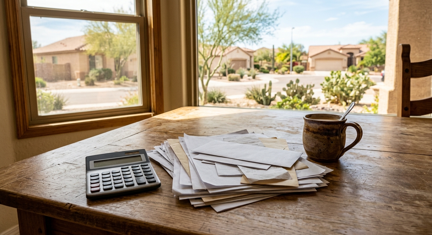 a messy stack of financial paperwork, a basic calculator, and a ceramic coffee mug on a wooden dining table, with bright sunlight streaming through a window rev