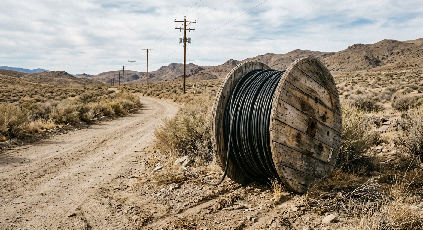 a large wooden spool of thick black utility cables sitting unused beside a dusty dirt road surrounded by arid desert sagebrush, with weathered utility poles in