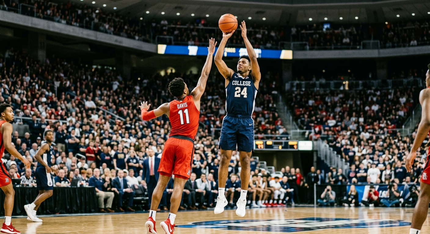 an indoor college basketball game in a large arena, a player in a navy blue uniform shooting a jump shot over a defender in a red uniform, blurred spectators in