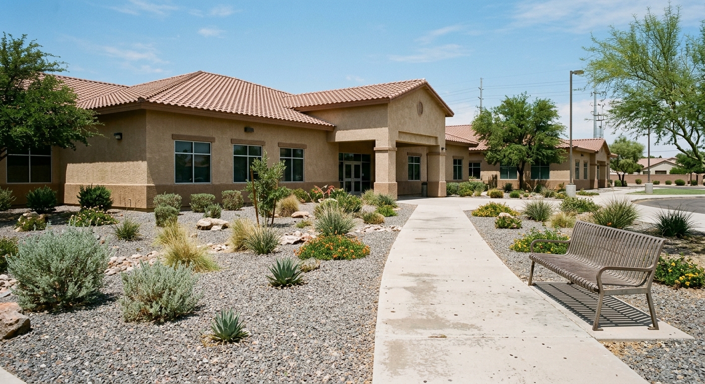 a generic suburban public school building exterior featuring tan stucco walls, a paved walkway, an empty metal bench, and drought-tolerant desert landscaping wi
