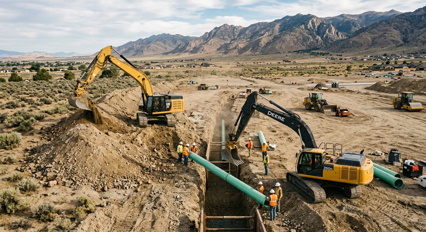 heavy construction equipment moving earth and installing underground pipes for new suburban infrastructure in a dry, high desert valley, surrounded by sparse sa