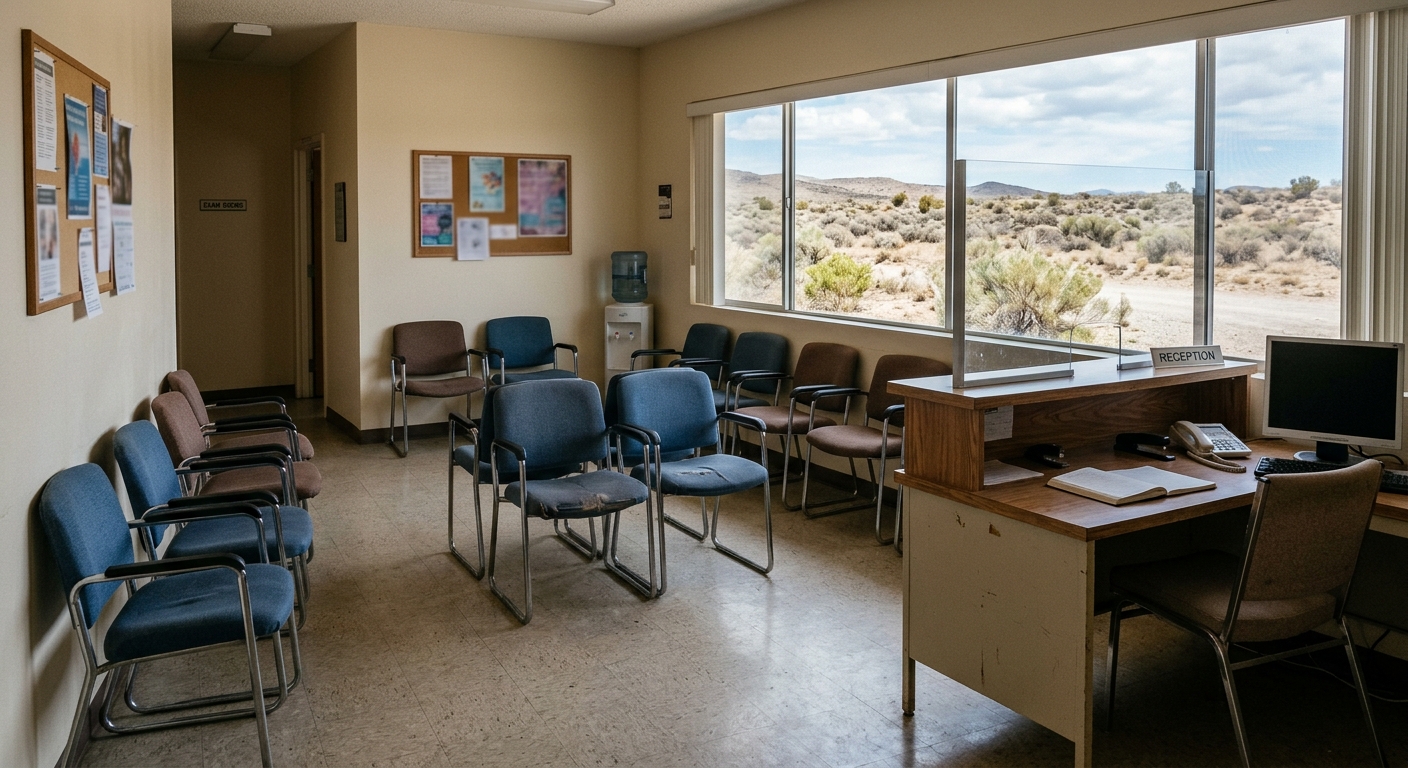 an empty patient waiting area inside a modest community health clinic, featuring simple chairs and a small reception desk, with a window looking out onto a dry,