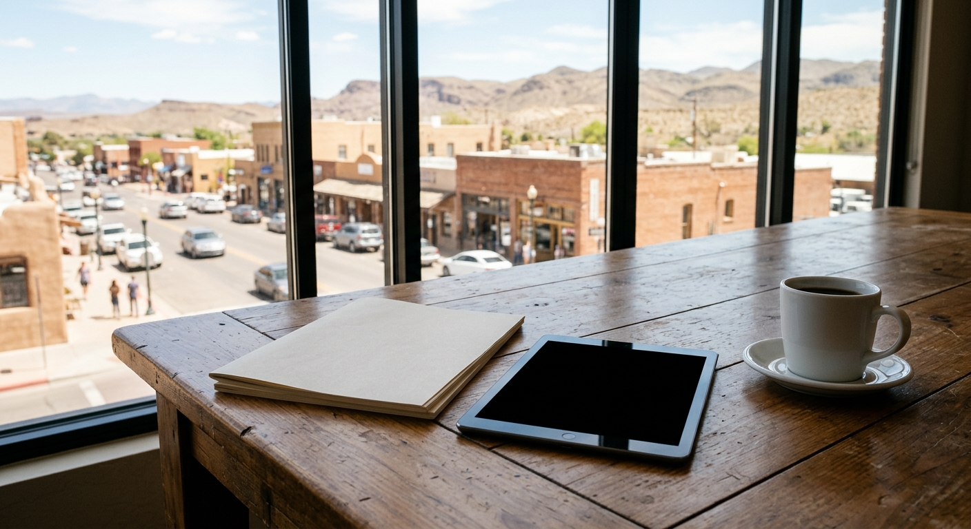 a wooden conference table with blank printed business reports, a digital tablet, and a coffee cup, situated near a window looking out onto a sunny street and di
