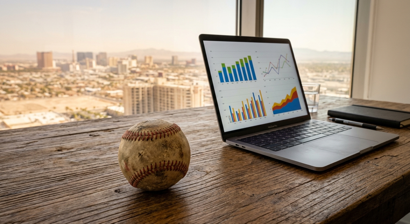 a weathered baseball resting on a wooden desk next to an open laptop showing data charts, with a window in the background overlooking a hazy desert city skyline