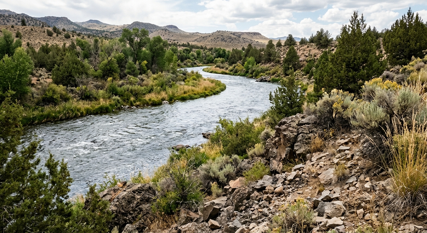a flowing river winding past a rocky, uneven riverbank lined with native brush, tall grasses, and trees in a high-desert park setting, natural everyday lighting