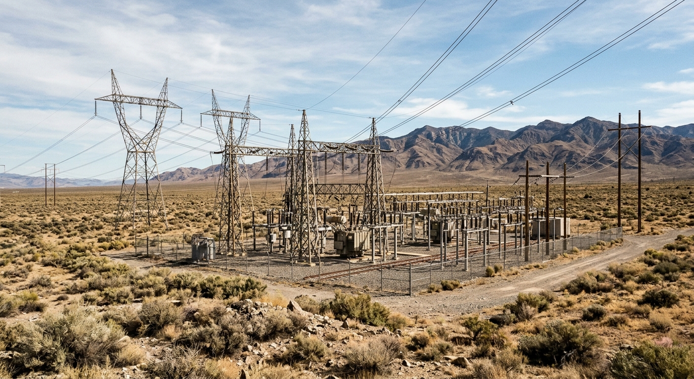 an industrial electric utility substation with high-voltage power lines cutting through a dry, scrubby desert landscape with distant brown mountains, natural ev