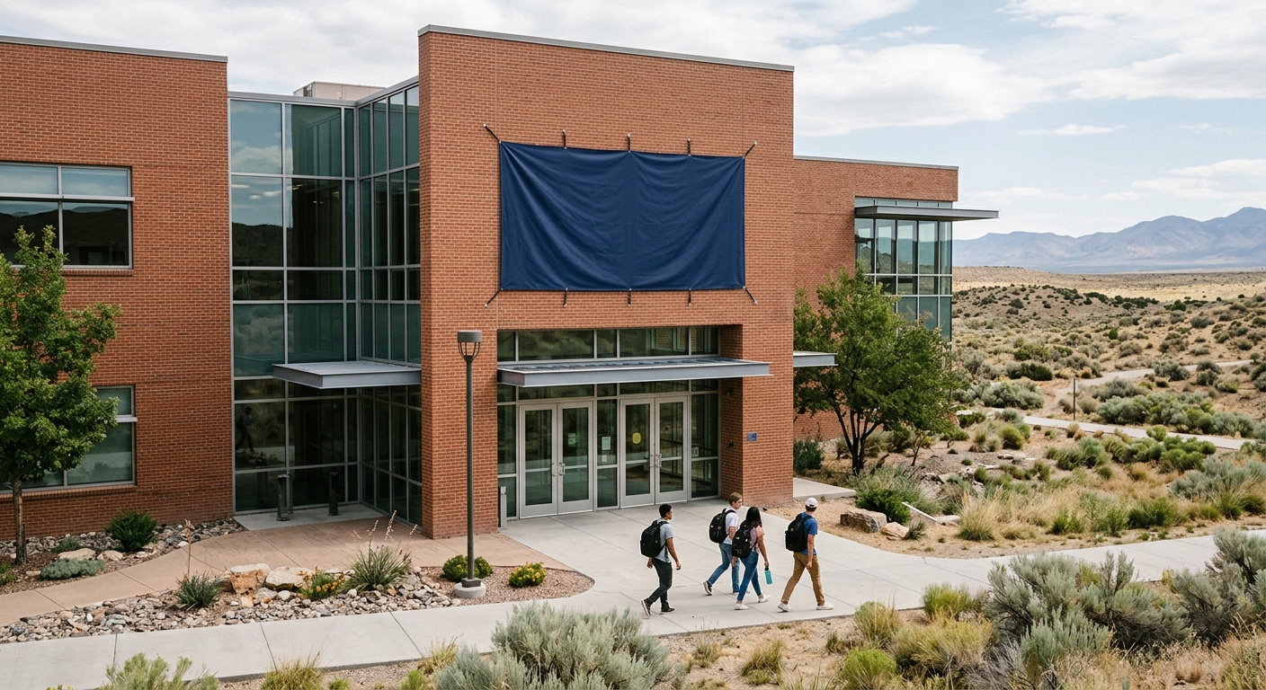 a modern brick and glass university athletic fieldhouse in a high desert landscape, with a large blank navy blue banner hanging above the entrance, and a few st