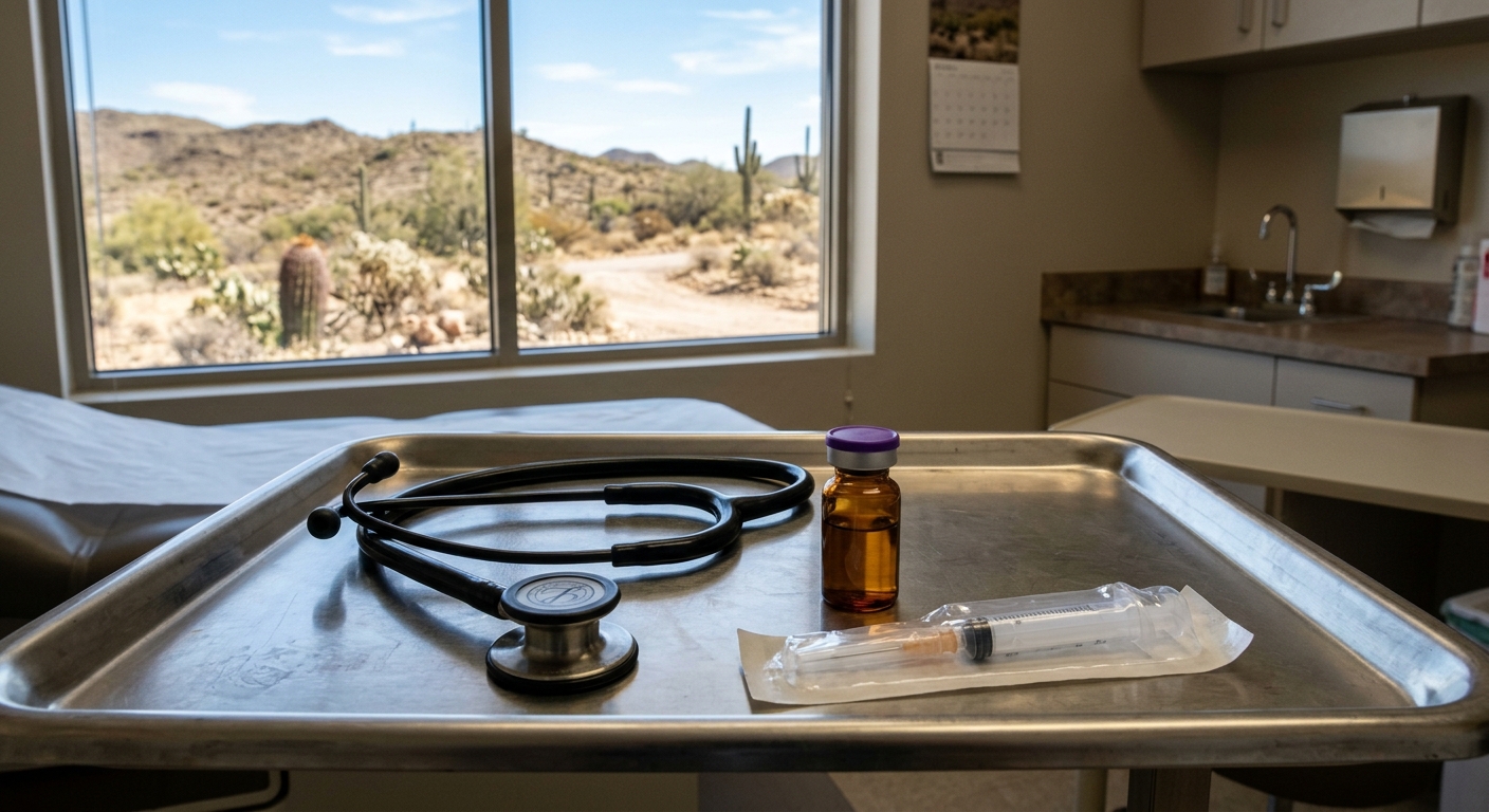 a stethoscope, a sealed medical vial, and an unopened syringe resting on a stainless steel medical tray inside a typical clinic exam room, with a window in the