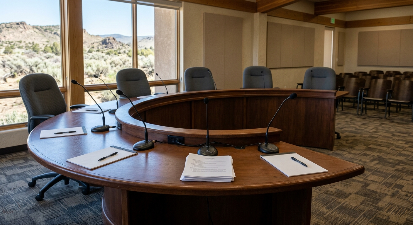 an empty local government meeting room featuring a curved wooden dais, small black microphones, and empty office chairs, with a stack of printed agenda papers r