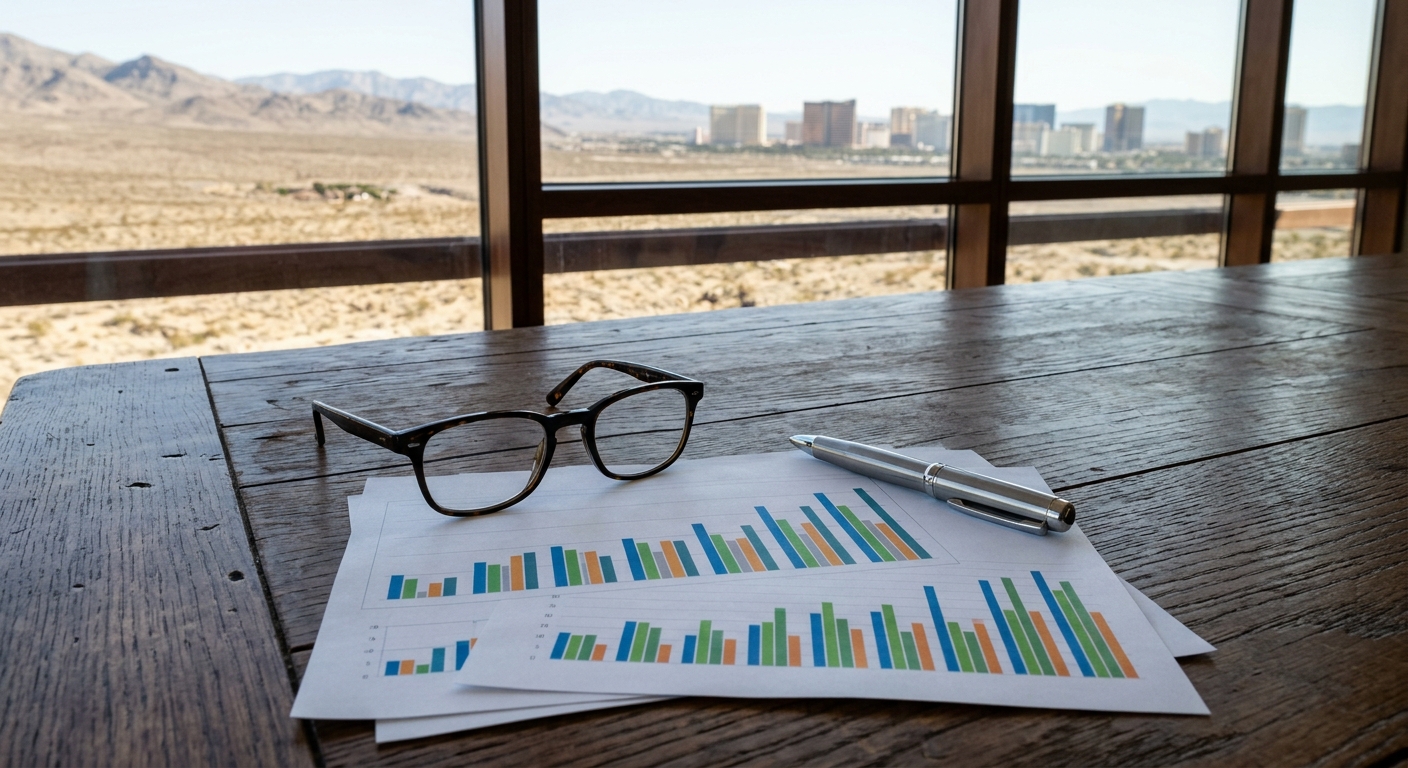 a pair of reading glasses, a metal pen, and printed pages featuring financial bar charts resting on a large wooden conference table, with a window in the backgr