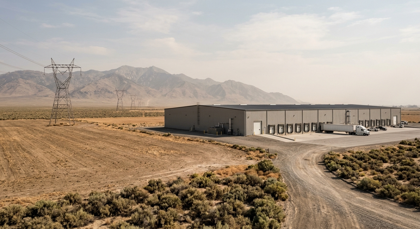 a large, modern windowless industrial warehouse situated next to dry, dusty agricultural fields and sagebrush, with high-tension power lines stretching across a