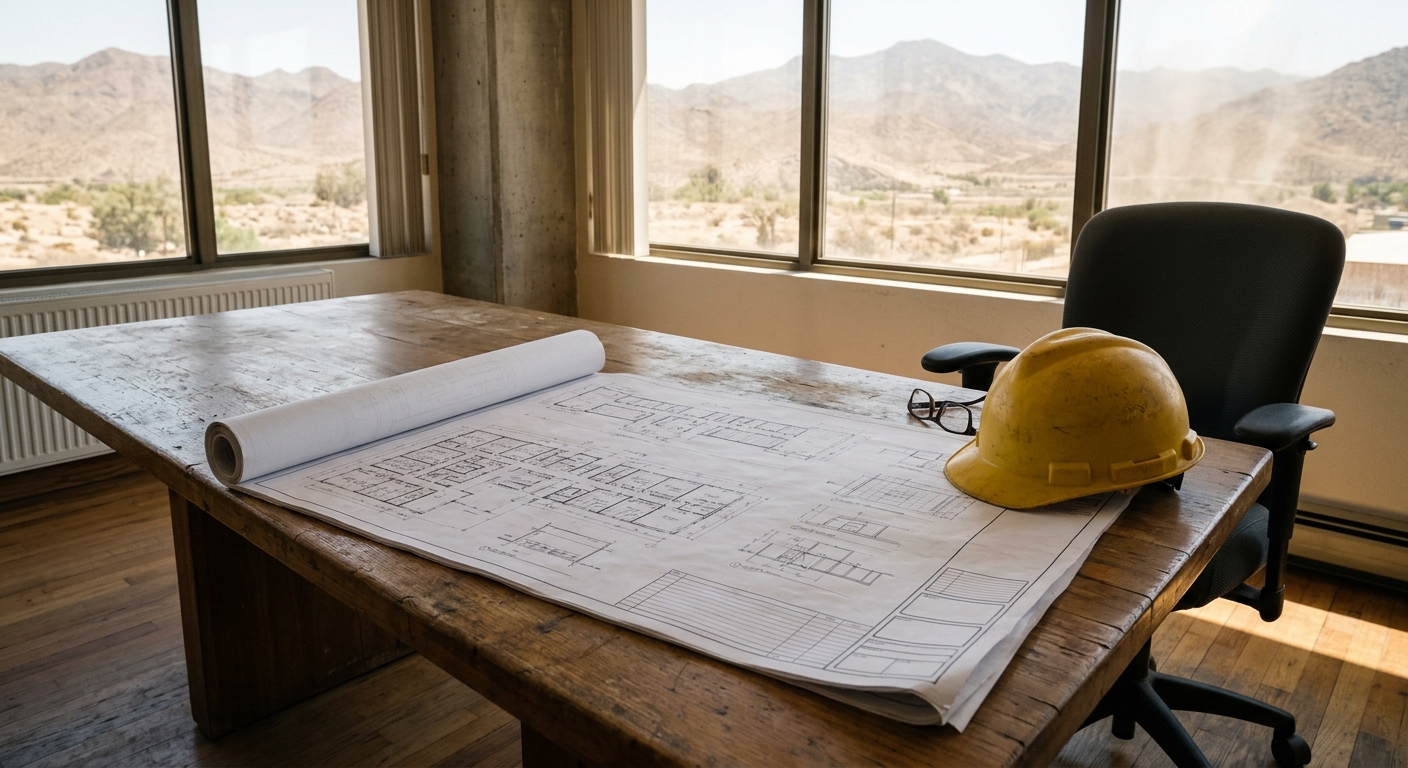 architectural blueprints for a school building laid open on a large wooden conference table, alongside a yellow hard hat and an empty chair, with a window in th
