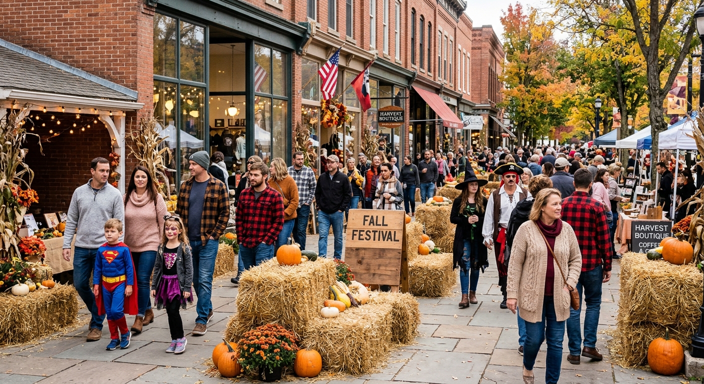 a local outdoor fall festival on a city sidewalk lined with brick storefronts, featuring stacked hay bales, scattered pumpkins, and people in casual autumn clot