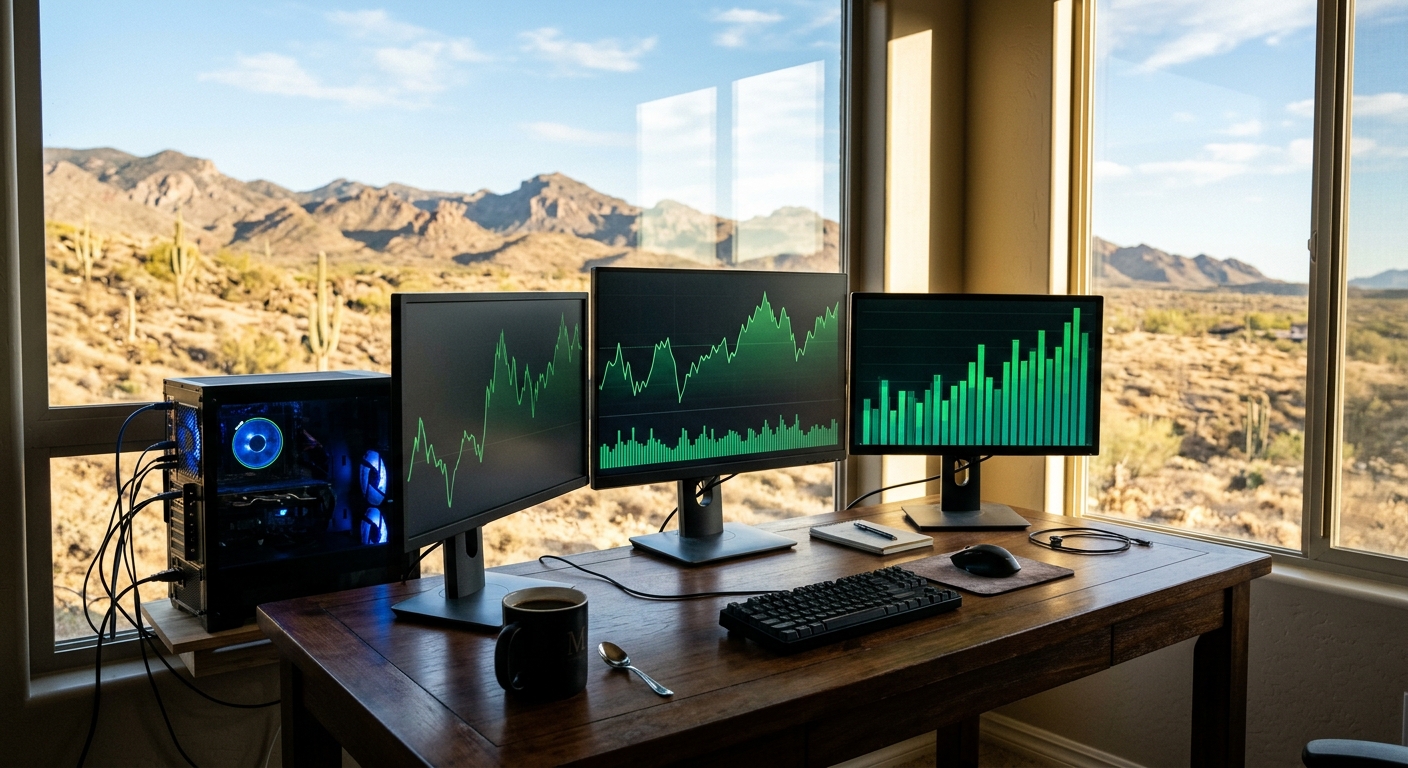 a modern financial office desk with multiple computer monitors displaying abstract green line charts and bar graphs, a cup of coffee, and a glowing computer ser
